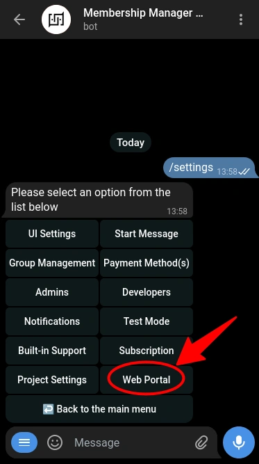 Accessing Web Portal settings in BotSubscription bot