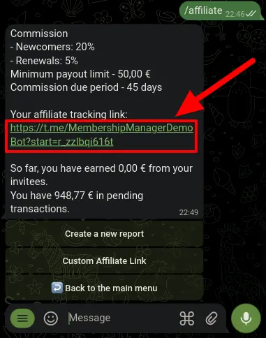 Unique affiliate link for promoting Telegram subscription business
