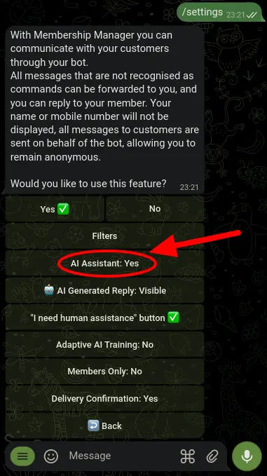 Screenshot of the AI Assistant button in the bot settings