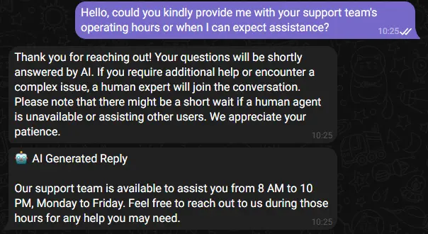 Screenshot showing a customer asking about support team operating hours and receiving an automated response from the AI Assistant.