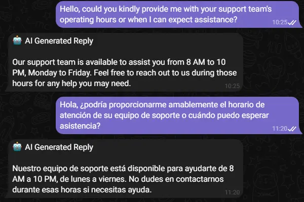 AI assistant reply in English and Spanish