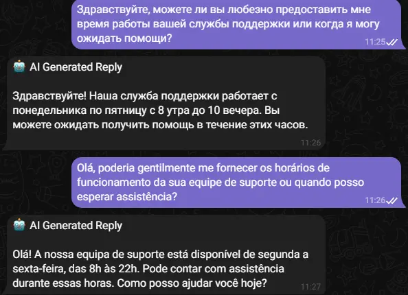 AI assistant reply in Russian and Portuguese