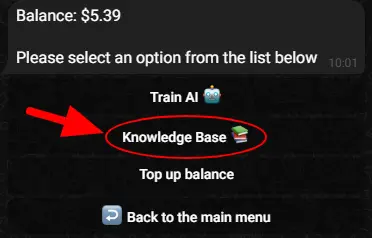 Screenshot showing the 'Knowledge Base' button in the AI Assistant interface