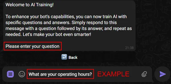 Entering a question to train the AI Assistant.