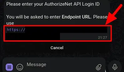 Screenshot displaying the unique endpoint URL generated by the BotSubscription bot for Authorize.net notifications.