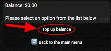 Screenshot showing bot prompt indicating zero balance and prompting user to top up