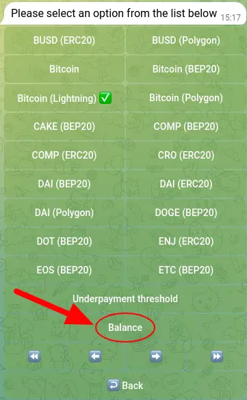 Screenshot showing how to find your Bitcoin (Lightning) balance.