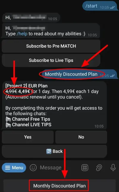 Button created with Custom Command Redirect in BotSubscription showing discounted plan after click