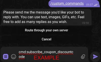 Creating a Custom Command Redirect in BotSubscription: Use the prefix 'cmd:' followed by your desired command to link directly to in-bot commands, including more complex setups like applying specific plans and discount codes.