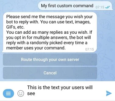 Creating a custom command in BotSubscription: Enter the message that your bot will send to users when they type the command