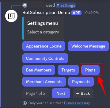 BotSubscription settings menu showing plan management options