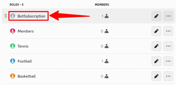 BotSubscription role positioned above Members, Tennis, Football, and Basketball roles in Discord