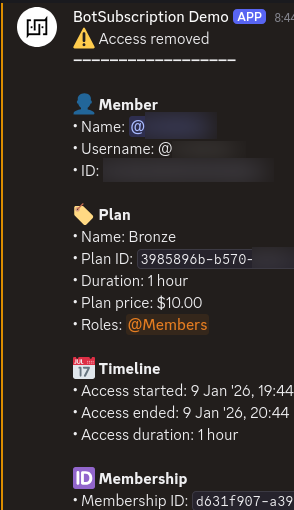 Discord subscription bot access removal notification showing member details and plan info