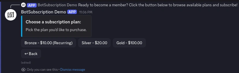 Discord subscription bot plan selection showing Bronze, Silver, and Gold membership tiers