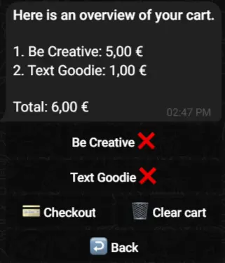 Screenshot of cart interface in BotSubscription eGoods.