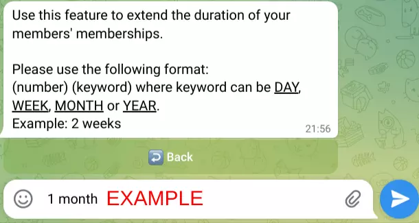 Selecting 'Extend Memberships Duration' from /members command in BotSubscription bot