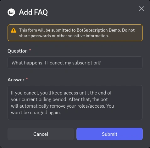 Add FAQ Entry Form to add a new FAQ question and answer to the Knowledge Base