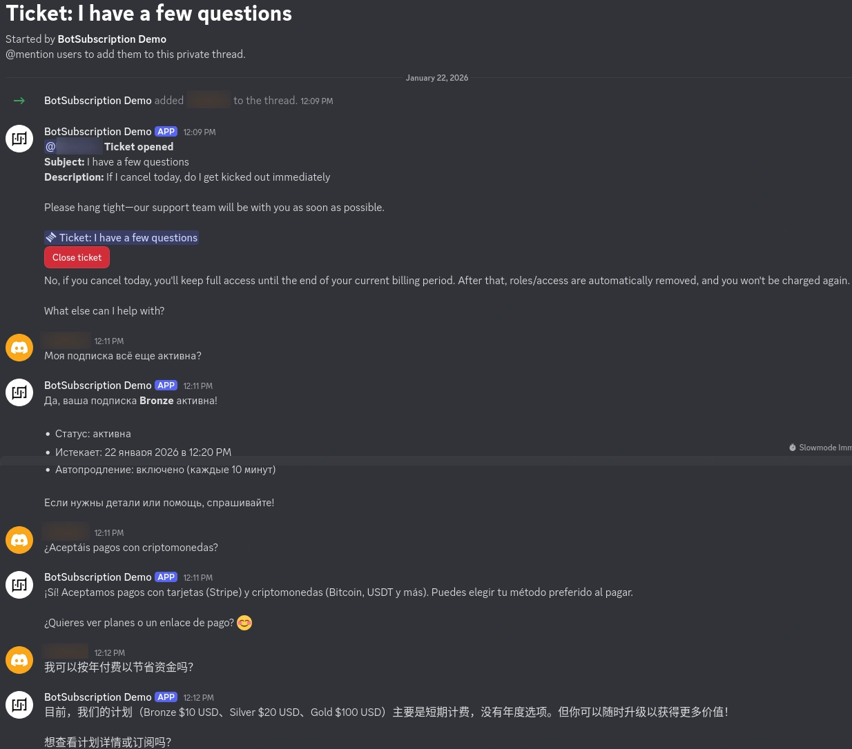 Multilingual AI Support Screenshot showing the bot replying to questions in English, Russian, Spanish, Chinese, and Arabic