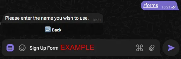 Screenshot showing the bot requesting a unique name for the form.
