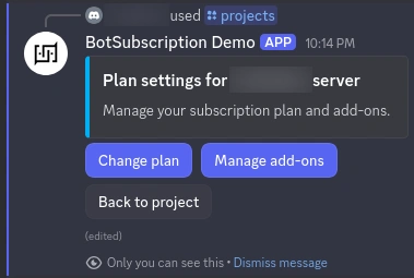 Discord project management screen showing the Manage add-ons button