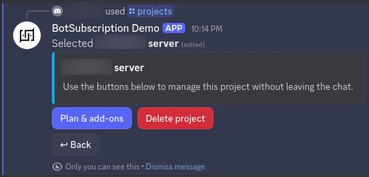 Discord /projects menu showing a server selected and the Plan & add-ons button