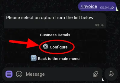 The bot displaying the 'Configure' button after the Invoice add-on has been successfully installed.