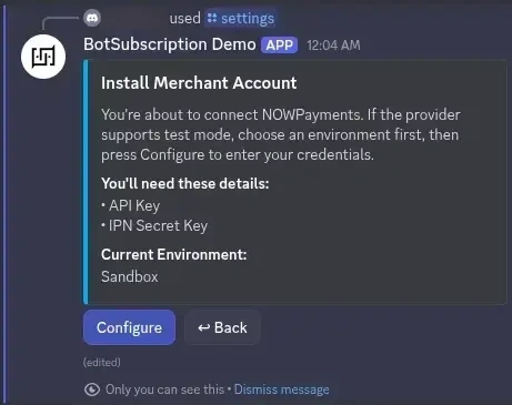 NowPayments configuration preview displaying required API Key and IPN Secret Key fields for crypto payment setup