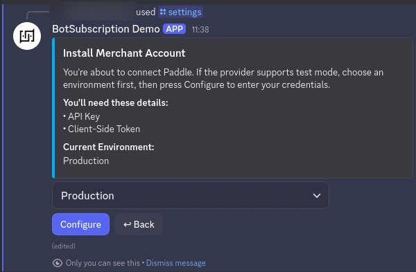 Paddle configuration preview displaying required API Key and Client-side token fields for checkout setup