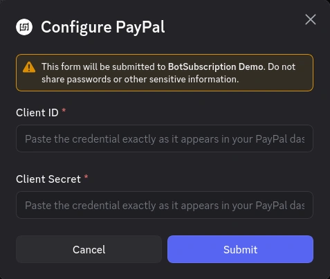 Secure form for entering PayPal Client ID and Secret