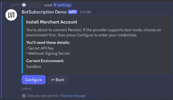 Revolut configuration preview showing required Public Key and Secret Key fields
