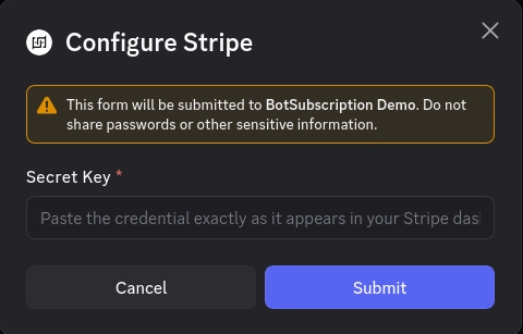 Secure form for entering Stripe Secret Key