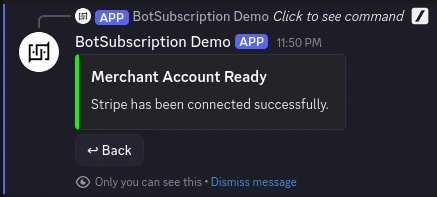 Success confirmation showing Stripe connected to BotSubscription