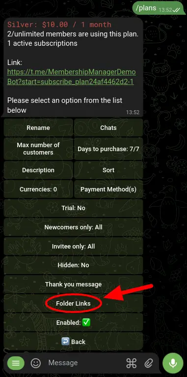 Screenshot demonstrating how to find the 'Folder Links' button in BotSubscription