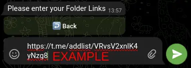 Screenshot displaying the process of entering the Chat Folder link in BotSubscription
