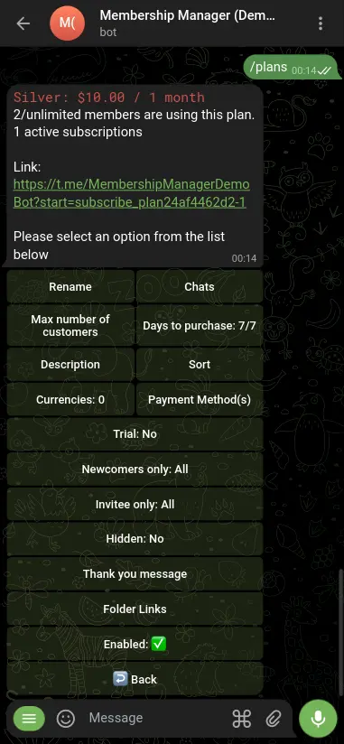 BotSubscription Recurring Membership Plan Settings