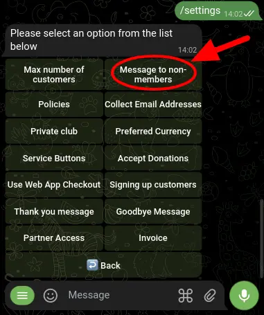 Screenshot showing the location of the 'Message to non-members' button in the bot's settings menu.