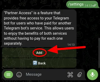 Screenshot of the 'Add' button in the BotSubscription Partner Access settings.