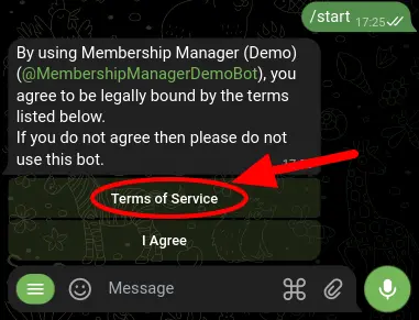 Screenshot of the bot's message asking the user to agree to the terms of service before accessing the bot's features.