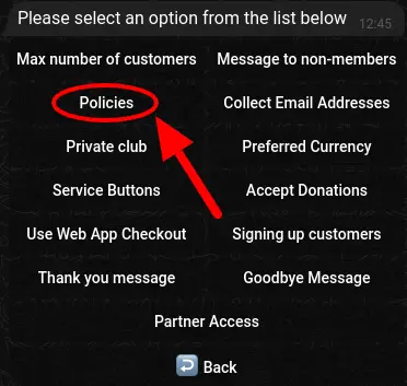 Screenshot of the Policies section in the Project Settings of a Telegram bot