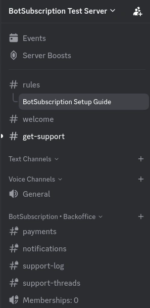 Discord channel list showing the BotSubscription Backoffice category and admin-only channels