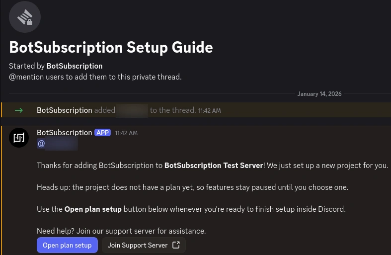 Discord server showing the private BotSubscription Setup Guide thread with an Open plan setup button