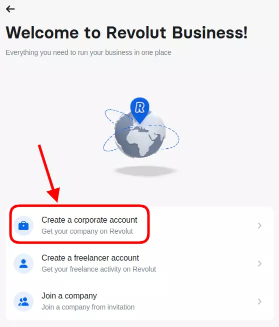 Screenshot of Revolut Business registration page showing the 'Create a corporate account' option.