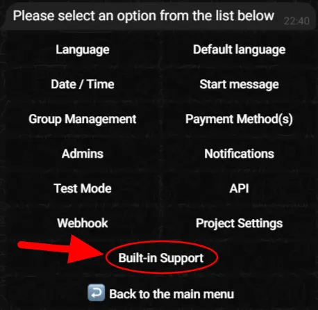 Accessing built-in support menu in bot settings.