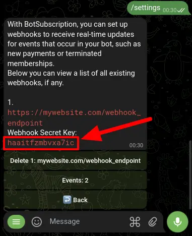 Screenshot of the Telegram bot settings page, showing the location of the Webhook Secret