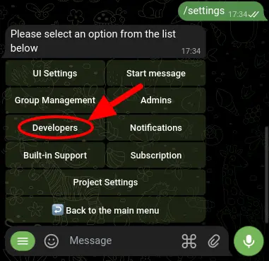 Screenshot of the Telegram bot settings menu with the 'Developers' submenu highlighted