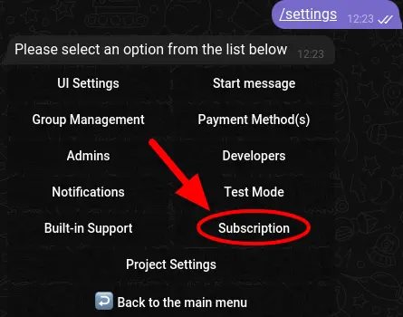 Accessing subscription settings menu in a Telegram bot