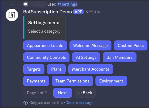 Bot settings Bot settings menu showing AI Assistant