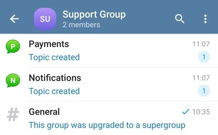 Screenshot of Telegram group chat with Notifications and Payments topics created by BotSubscription