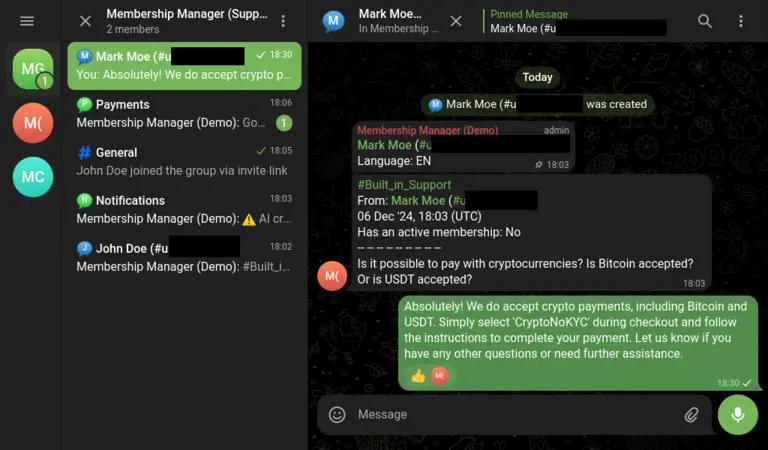 Screenshot of the Telegram group with multiple topics for support conversations.