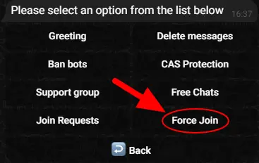 Screenshot showcasing the 'Force Join' option in the Group Management menu of a BotSubscription-powered Telegram bot